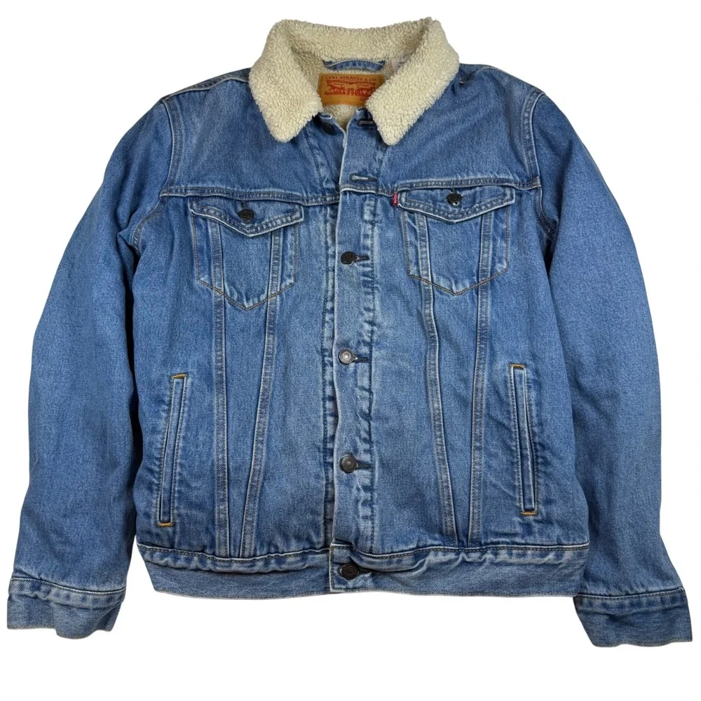 Levis Mens Sherpa Lined Denim Trucker Jacket Medium Wash Blue Large